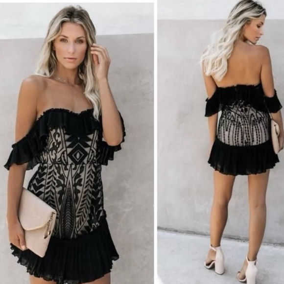 Saints + Secrets Gothic Victorian Black Nude Lace Mesh Mini Dress Size M… - Picture 1 of 9